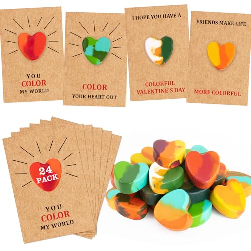 Thigreact Valentines Day Gifts for Kids - 24 Pack Valentines Cards with Heart Shaped Crayons - Valentine Gift Exchange for Boys Girls Toddlers Class Classroom School Party Favors