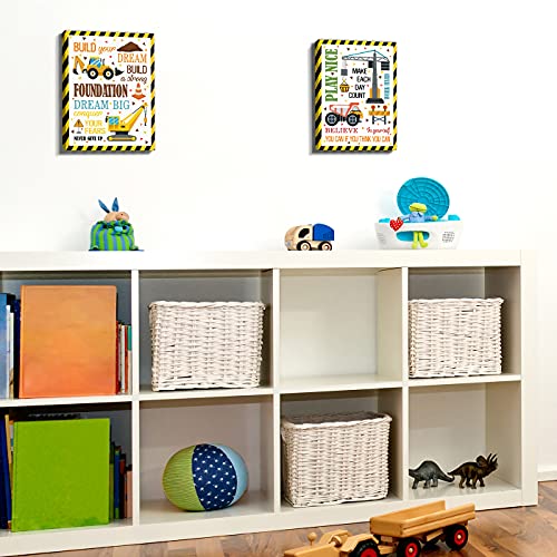 Chditb Framed Cartoon Construction Vehicles Art Print, Inspirational Quote Trucks Car Canvas Wall Art Painting,Set Of 2 Pieces (12X16Inch) Motivational Saying Transport Poster For Kids Room Nursery Decor-Ready To Hang #TOP1