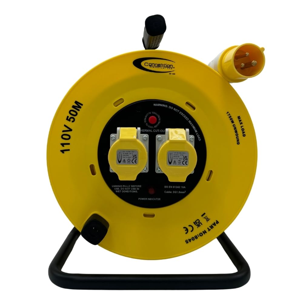 Connexion Electrical Ltd Yellow 110V Cable Reel 50M Heavy Duty Extension Lead 1.5Mm Extension Cable, 2X 16A Sockets, Thermal Cut Out, Ip44 Plug, Power Indicator, Carry Handle - Power Tool For Industrial & Construction Site Use