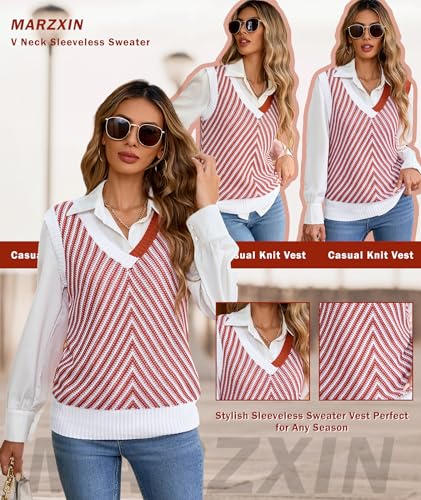 Image of MARZXIN Women Sleeveless Sweater V Neck Casual 2026 Fall Knitted Chevron V Neck Sweater Vest Color Block Pullover Sweater Top