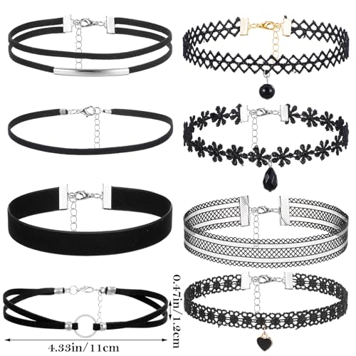 8 Pcs Black Choker Necklace Lace Velvet Chocker Set Layered Classic Choker Necklace Velvet Collar for Women Adjustable Gothic Punk Halloween Classic2