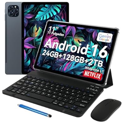 TABWEE T90 Tablet 11 Pulgadas Android 16 - Gemini Ai  8000mAh  24GB RAM+128GB ROM/2TB TF  Octa-Core T615  2GHz Tableta  Widevine L1/5G WiFi/5MP+13MP/ Facial ID/GPS/BT5.0/ Tablet con Teclado y Ratón