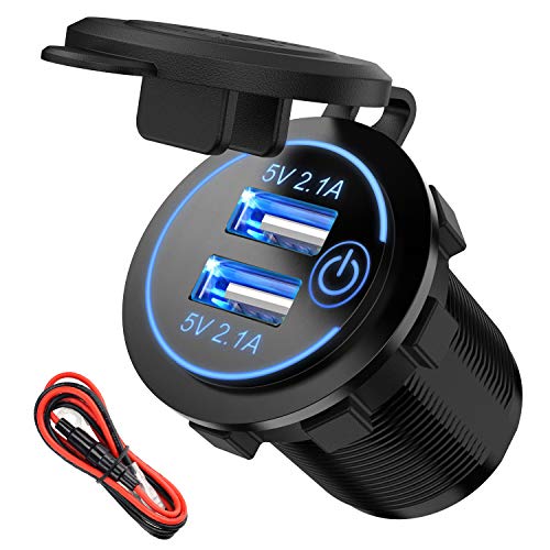 【Upgraded Version】Car Charger with Switch, SunnyTrip Waterproof Dual USB Charger Socket Power Outlet Adapter 12V/24V 22W 2.1A & 2.1A（4.2A) for Car, Marine, Boat, Motorcycle, Truck, Golf Cart Mobile