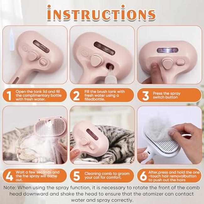 Cat Steam Brush with Release Button, Pet Spray Brushes for Shedding & Grooming, Mist Comb for Pet Long Short Haired, Steamy Brush for Cats Removing Loose Fur and Massage (Pink)-u8u8glJK