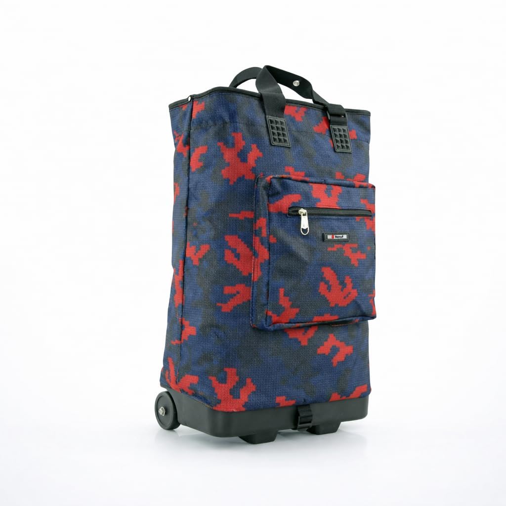 Urban London 50 LTR Folding Shopping Trolley Bag with Wheels Lightweight Water Resistant Grocery Cart Foldable Rolling Bag with Moulded Base for Shopping and Travel (Camo Red)