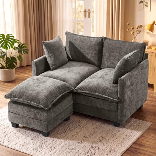 Image of KYJ Loveseat Sofa with Ottoman, Cloud 3 Layer Cushion Love Seat Couch | 50 inch Chenille Small Sofa, 27 inch Deep Seat, 2 Washable Pillow, in a Box for Bedroom & Living room, Singles, Couple & Kid, Grey