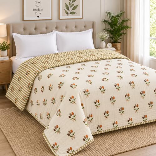 Image of Amazon Brand - Umi Double Bed Dohar Blanket Cotton 160 TC | AC Quilt 84x96 Inches | Three Layer Soft Lightweight Comforter | Trendy Elegant Bedspread