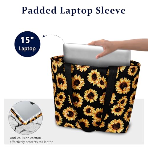 Duryarhall Durable Waterproof Tote Bag for Women, Heavy Duty Padded Shoulder Purse with Anti-Theft Zipper Pocket, 15 Inch Laptop Compartment & Side Bottle Pocket, Sunflower - image 5