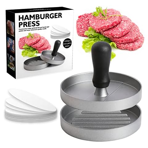 Burger Press Machine with 100 Wax Disc Papers Food Grade Stainless Steel Burger Maker with Abs Handle Nonstick Aluminum Hamburger Patty Maker, Burger Press Set Making Burger Patty Cover