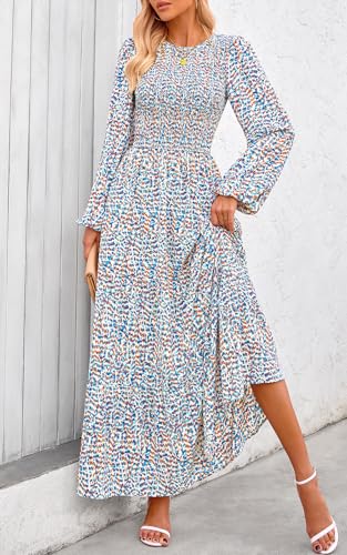 Image of PRETTYGARDEN Women's Fall Dresses 2026 Long Sleeve Flowy Casual Floral Maxi Dress Crew Neck Smocked Tiered Long Dress