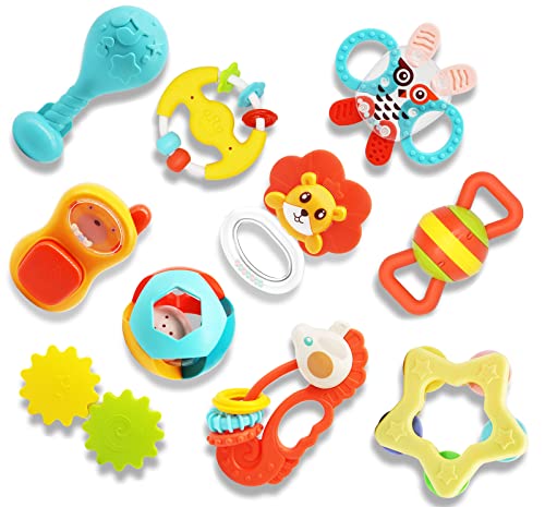 Image of INTEGEAR 10pcs Baby Toys Rattles, Infant Grab Early Educational Learning Toy Set, Sensory Teether Shaker with Storage Case for 0 1 2 3 4 5 6 7 8 9 10 12 Month Newborn Infants, Boys, Girls, Gift Set