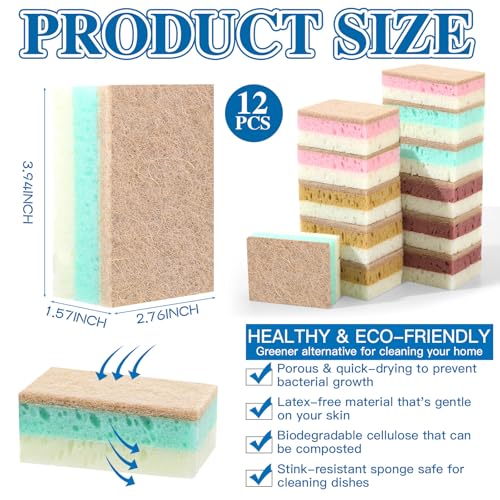 Image of Maxdot 12 Count Natural Kitchen Sponges for Dishes, Thickened 3 Layers Non Scratch Plant Based Kitchen Compostable Cellulose and Coconut Scrubber Sponge for Countertops Bathtubs Tiles