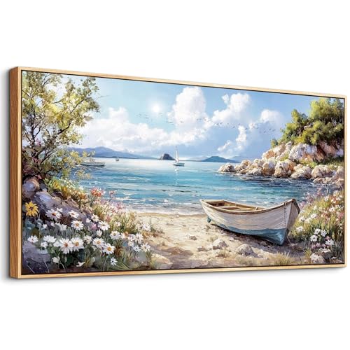 PHAOHUAXM Wall Decor For Living Room Canvas Wall Art For Bedroom Office Print Marine Landscape Paintings Wood Framed Murals Artwork For Modern Stretched and Framed Beach Posters Home Decor 20"X40"