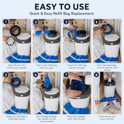 8-Pack (80m) Nappy Bin Refill Bags compatible with Tommee Tippee Twist & Click Refill - Max Odor Lock and Germ Protection, Newborn Baby Diaper Pail Liner, Cassette not included (10m each) - Image 4