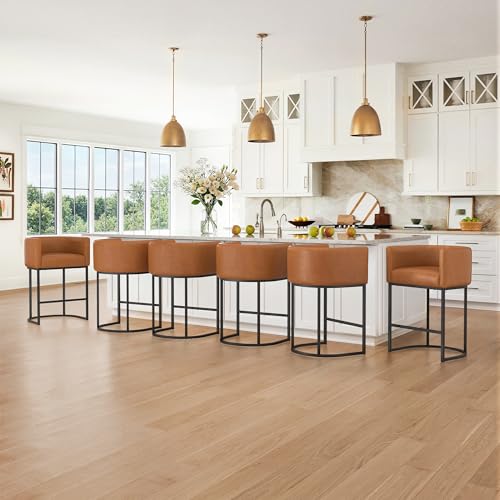 Image of LUE BONA Counter Height Bar Stools Set of 6, Modern Barrel Counter Stools with Backrest and Arms, Black Metal Frames, Faux Leather Upholstered Accent Barstools for Kitchen Island, Yellowish Brown