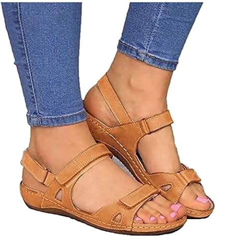 Sandals for Women Flat Summer Open Toe Leather Sandals Women's Stylish Strap Adjustable Ankle Buckle Orthopedic Sandals Casual Flat Arch Support Wedge Shoes,Red,42 Cover