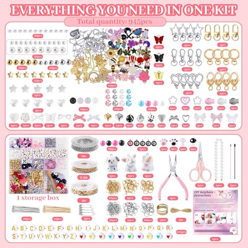 Image of Wurosi 945 Pcs Bag Charm Kit, Charms Lip Gloss Keychain Making Kit, Beaded Keychain Making Kit, Y2K Keychains, 8 Ball Dice Charm Keychains, DIY Customizable Crafts Key Chains(Gold & Silver)
