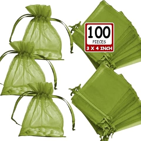 Ableme Deco Organza Bags 3x4 Inch (100 Pcs) Sheer Mesh Gift Bags Drawstring Sachet Jewelry Bags Organza Small Drawstring Pouch for Wedding Favor, Party, Soaps, Baby Shower Gifts (Olive Green) Cover