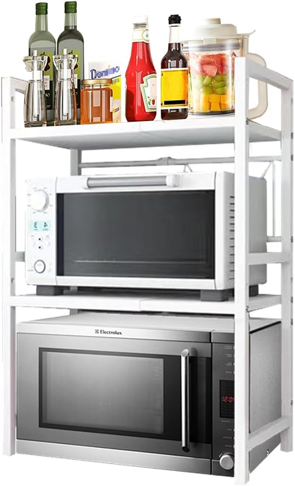 KEBMCHN - Estante de microondas de 2 niveles, ancho ajustable, soporte para tostadora, estante de cocina, extensible de 40 a 63 cm, capacidad de carga de 75 kg (blanco)