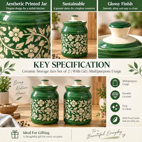 Image of D'Maiolica Ceramic Handmade Pickle Jars in 1000ml (set of 2) | Floral Bale 1 kg Achaar Martban | Ceramic Jadi for Kitchen Storage (Set of 2) | Jars for Achar, Spices, Salt (Florian Green)