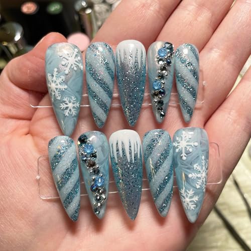 Christmas Press on Nails Medium Almond Fake Nails Blue Snowflake False Nails with 3D Rhinestones Designs Glitter Winter Glue on Nails Full Cover Acrylic Artificial Nail for Women DIY Manicure 24 Pcs