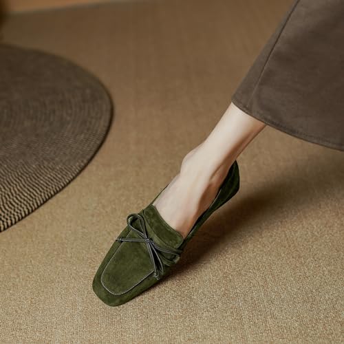 MOOMMO Women Chunky Low Heel Loafers Bow Suede Slip On Closed Square Toe Loafer Shoes Oxfords Comfy 1" Block Heels Dress Shoes Pumps Office Work Pumps Vintage Retro Comfy 4-11 M US4