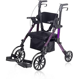 Elenker 2 in 1 Rollator Walker & Transport Chair, Folding Wheelchair Rolling Mobility Walking Aid with Seat Belt, Padded Seat and Detachable Footrests for Adult, Seniors (Purple)