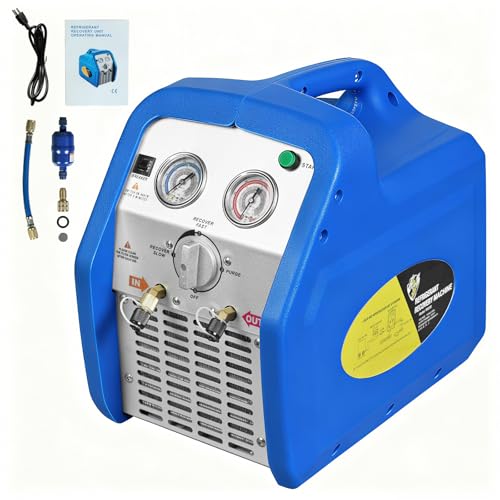 3/4 HP Refrigerant Recovery Machine R32 R1234yf Portable AC Recovery Machine HVAC Self-Cleaning Single Cylinder Oil-less Freon Recycling Unit for Liquid Vapor Refrigeran