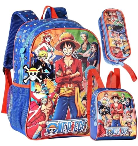 One Piece Kit Escolar Infantil, Mochila + Lancheira + Estojo, Azul e Vermelho