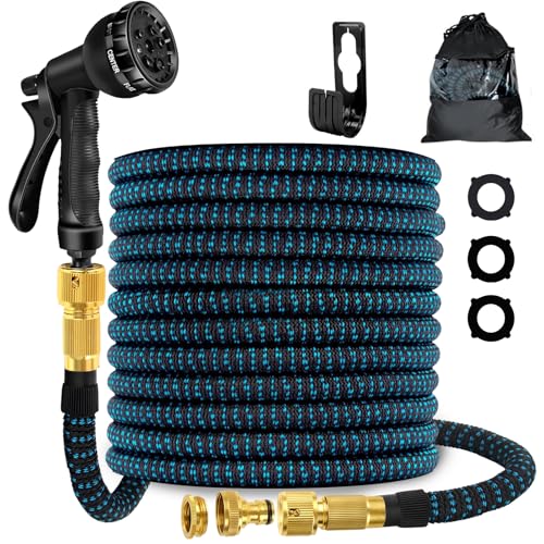 Manguera de jardín flexible expandible de 15 m con boquilla de pulverización de 8 funciones, 3 mangueras de agua expansibles duraderas con conectores de latón antifugas de 3/4 pulgadas y 1/2 pulgadas