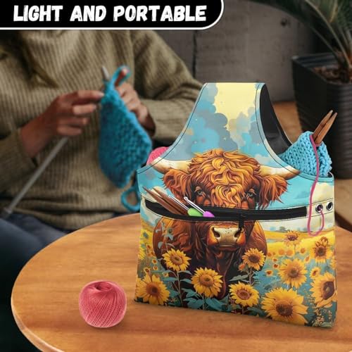 Image of Highland Cow Yarn Bag with Crochet Organziers and Storage Sunflower Knitting Wrist Bag Holding Knitting Needles,Large