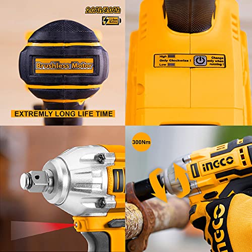Ingco 20V Brushless Lithium-Ion Impact Wrench with 2Pcs 2.0Ah Batteries, 1Pcs Charger, 3Pcs Sockets, 1/2 Inch, 300NM CIWLI20013 8 Ingco 20V Brushless Lithium-Ion Impact Wrench with 2Pcs 2.0Ah Batteries, 1Pcs Charger, 3Pcs Sockets, 1/2 Inch, 300NM CIWLI20013 - Image 8