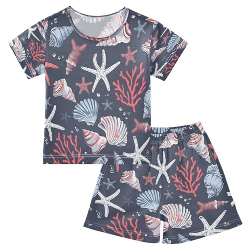 senya Short Sleeve Pajamas Sets Summer Cotton Sleepwear Sea Shells Red Coral