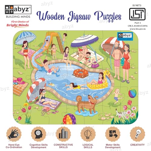 Image of ABYZ Wooden Jigsaw Puzzle - Swimming Pool Playset for Fun Educational & Little Explorers, 35-Pieces Fun Games with Multicolor | Birthday Gift for (4-6 Years) Age Kids.