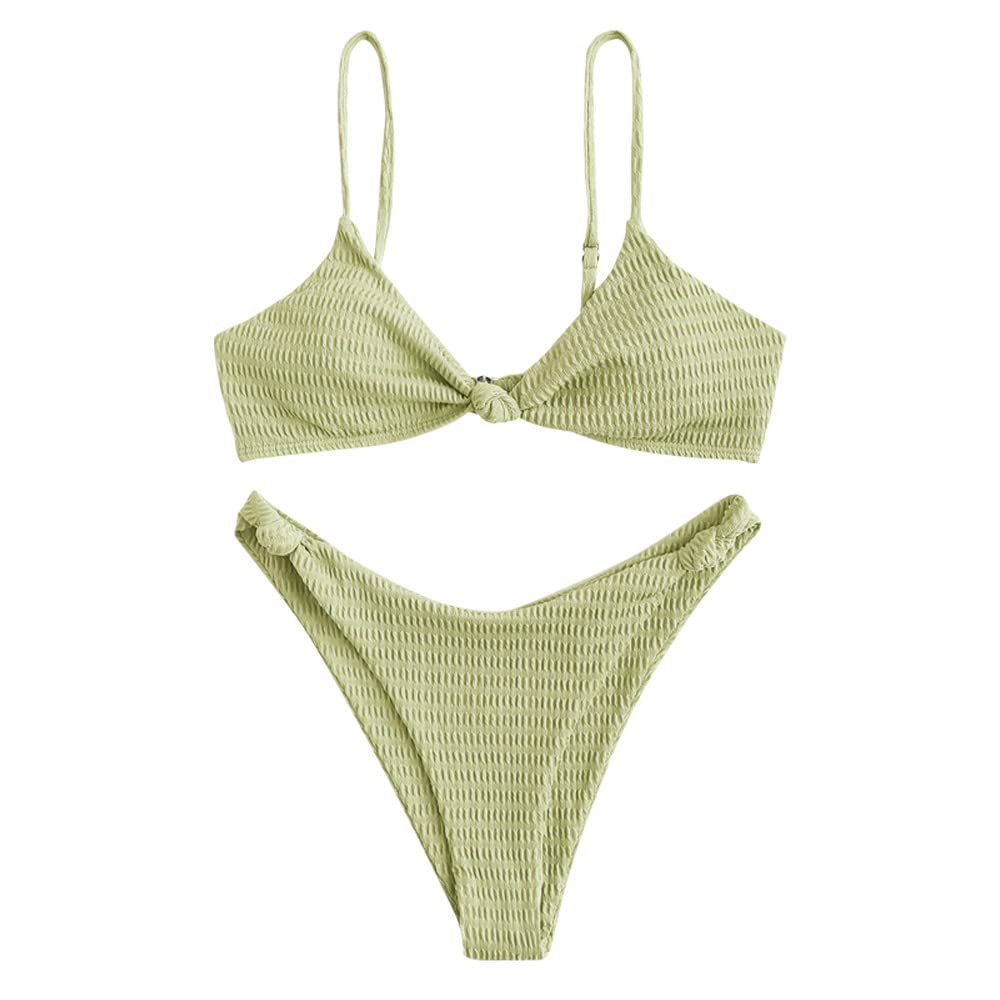 size S. ZAFUL Women's Solid High Cut Cheeky Textured Twisted Knot Bikini Set Two Piece Swimsuit (3-Green, S)