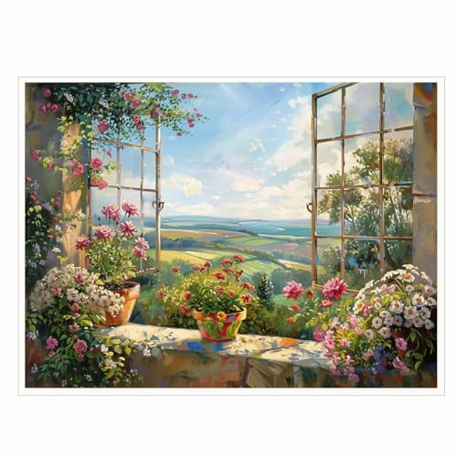 Window View Canvas Print,English Cottage Garden Countryside Floral Art, Window
