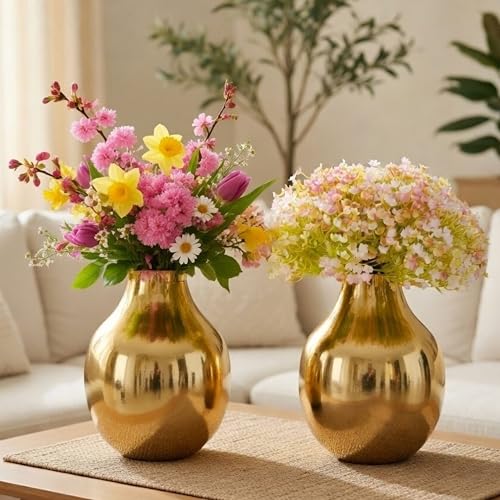 Image of BEHOMA Metal Flower Vase Set of 2, Golden | Metal flower vase in Golden - for fresh or artificial flower displays for living room - great wedding gift (Set of 2)