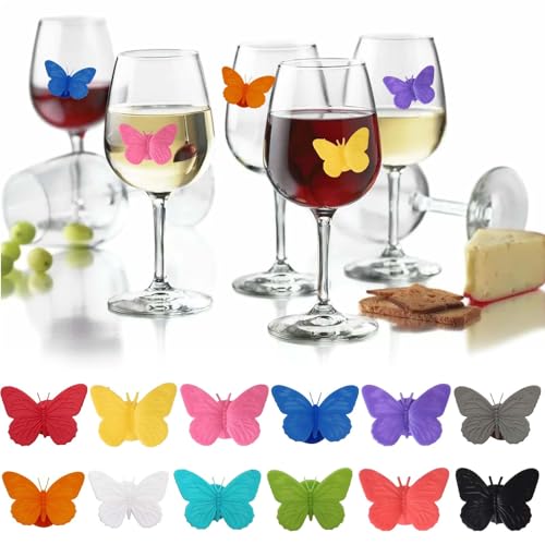 12pcs Marcador de Copa de Vino Silicona Marcadores de Vidrio de Fiesta Reconocimiento Vasos de Mariposa con Ventosa Identificadores Copas Reutilizables Marcadores de Copa para bar Fiesta