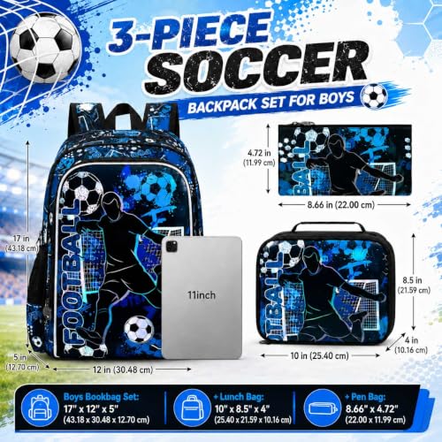 Image of AGSDON 3PCS Kids Backpack for Boys, 17 inch Football Backpacks with Lunch Box, Water Resistant and Lightweight Bookbag for Teenagers