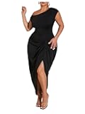 Women's Plus Size Asymmetrical Neck Long Dress Ruched Slit Hem Cocktail Dress