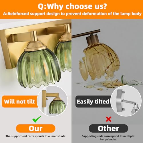 Image of Bathroom Vanity Light Fixtures, 3-Light Brushed Gold Bathroom Light Fixtures Over Mirror, Antique Wall Lights with Green Glass Tulip Light Shade for Mirror, Kitchen, Hallway, Cabinet, Porch