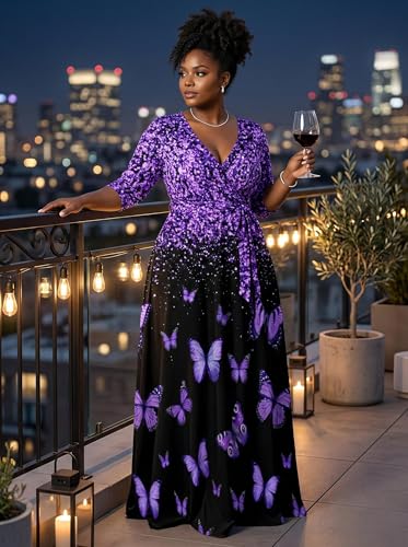 Image of Plus Size Dresses for Women Print Maxi Dresses 3 /4 Sleeve with Belt