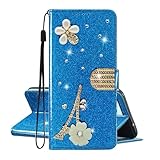 SEHEYA Klapphülle für Ulefone Note 14 / Note 14 Pro PU Leder Hülle Glitzer Paris Eiffelturm Design HandyHülle zum Klappen Strass Diamant Blume Motiv Kartenfach Schutzhülle Flip Cover, Blau