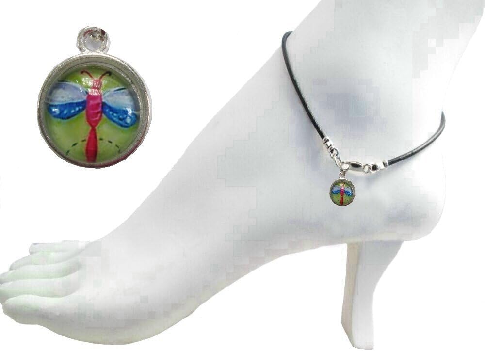 Black Leather 9" Anklet with 12mm Round Dragonfly Cabochon Charm ~ Sterling Silver Clasp