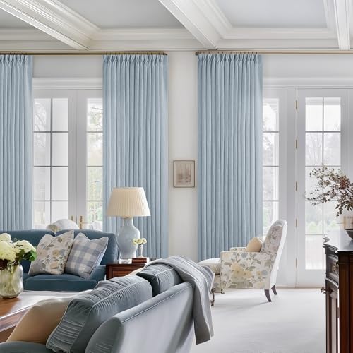 Image of Dusty Blue Pleated Linen Curtains 96 Inches Long for Living Room 2 Panel Set Semi Sheer Light Filtering Pinch Pleat with Rings Hooks Drapes Boho Farmhouse Light Blue Grey Curtain Bedroom Window