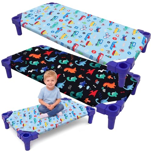 Mindsoft 2 Pcs Cot Sheets for Daycare 23 x 51 Cot Fitted Sheets with Elastic Straps Soft Microfiber Nap Mat Cover for Girls Boys Toddler Daycare Preschool Kindergarten Naptime(Dinosaur)