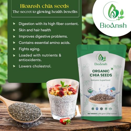 Image of BIOANSH Certified Organic Raw Chia Seeds | Gluten Free, Rich in Omega 3 & Fibre, Plant Protein, Good for Diabetics and Hair Health, Immunity Booster, Healthy Snack Superfood (Pack of 2 500 Gram)