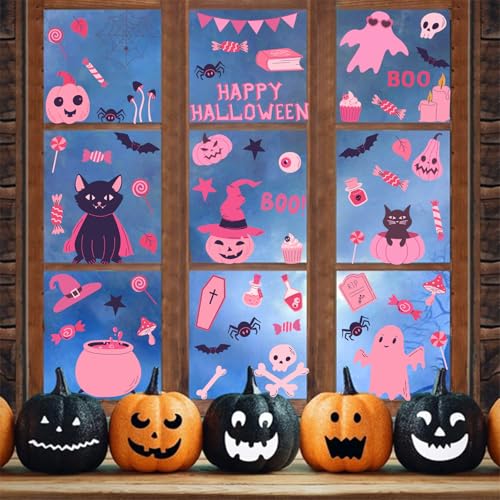 9 Sheets Halloween Window Clings Pink Halloween Window Stickers Pumpkin Bat Window Decals Cute Pink Pumpkin Skull Boo Cat Spider Web Ghost Double-Side Glass Stickers for Halloween Party Home Decor