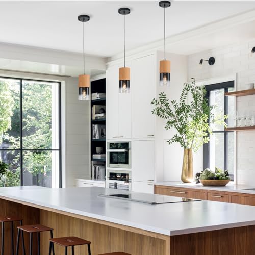 Image of 3-Pack Modern Pendant Lights for Kitchen Island, Adjustable Black Pendant Light Fixtures with Raw Wood Grain, Industrial Glass Pendant Lights for Dining Table Hallway Bedroom Living Room