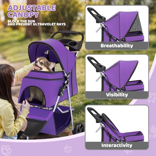 Image of Magshion 3-Wheel Pet Stroller, Foldable Travel Jogger for Small & Medium Dogs & Cats (Up to 33lbs), Lightweight Carrier with Breathable Mesh Cover, Cup Holder & Storage Basket, Purple
